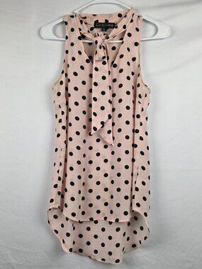 Almost Famous Sleeveless Blouse Pink With Black Polka Dots Tie Front Size XS